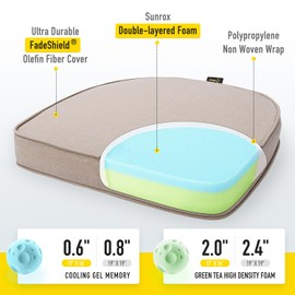 SUNROX Gel Memory Foam Chair Cushions, FadeShield Water-, Stain-Resistant Durable Reversible Seat Cushion Pads with Ties for Indoor/Outdoor Kitchen Dining Office, 19"x19", Set of 4, Husk Birch