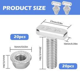 SMLOPLOM 20 Pieces M8 T Screws and 20 Pieces M8 Hex Nuts, Stainless Steel Hammer Head Screws Set, for Industrial, Furniture Assembly, Mechanical Engineering, Silver