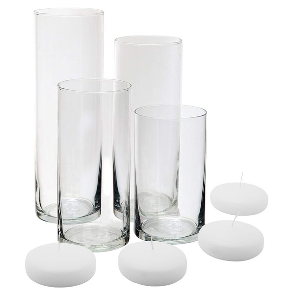 Royal Imports Glass Cylinder Flower Centerpiece Vases Set of 4 - Hurricane Candle Holder Pillar, Floating, Tealights - Use for Floral, Wedding, Home Decor, Holiday Includes 4 Floating Candles
