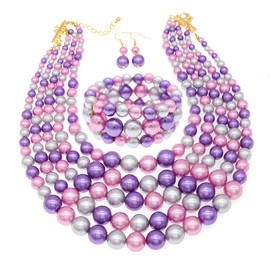 Faux Big Pearl Srand Necklaces for Women 5 Layers Pearls Choker Bib Collar Necklace Bracelet and Earrings set 1920s Costume Pearl Jewelry Bridal Wedding (colorful purple)