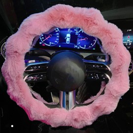 Luxury Fluffy Winter Car Steering Wheel Cover for Women, YUNXNYC Fuzzy Cute Steering Wheel Cover Soft Warm Furry Auto Plush Fur Vehicle Steering Wheel Protector Waved (Pink)