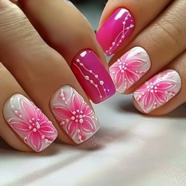 Uñas postizas cuadradas rojas con estampado floral, acrílicas, de cobertura total, adhesivas para mujer, brillantes, reutilizables, kit de 24 piezas, 