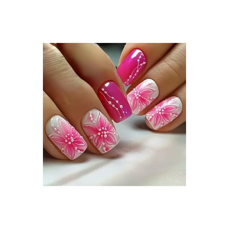 Uñas postizas cuadradas rojas con estampado floral, acrílicas, de cobertura