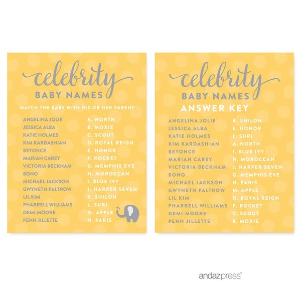 Andaz Press Yellow Gray Gender Neutral Elephant Baby Shower Collection, Games, Activities, Decorations, Celebrity Name Game Cards, 20-Pack