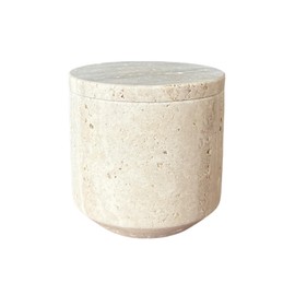 StonePlus Natural Marble Hole Stone Cosmetic Cotton Swab Sundry Small Tank Storage Box Jar with Lid (Yellow Travertine)