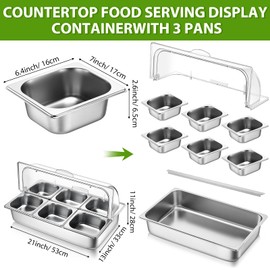 Ziliny 6 Pan Countertop Ice Food Serving Display Container Cooled Condiment Dispenser Stainless Steel Food Serving Tray Display Rack with Clear Roll Top Cover for Buffet Restaurant Hotel Kitchen Party