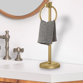 Hoimpro 17 Inch Stand Hand Towel Holder Towel Bar Towel Hanging Ring, Free Standing Floor Hand Towel Rack Storage for Bathroom Kitchen Vanity Countertops, Hardware Accessories(Brushed Gold)