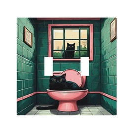 SgEdao Decorative Light Switch Cover Plate Funny Black Cat Green Pink Toilet 2 Gang Wall Plate Double Toggle Outlet Covers Switch Plate Covers Dual Device Electrical Face Plate for Bathroom Decor