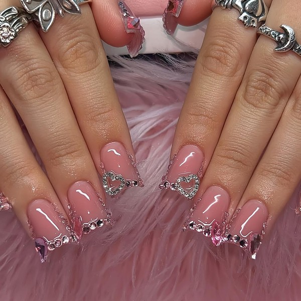 Rhinestones Press on Nails Medium Duck Fake Nails with 5D