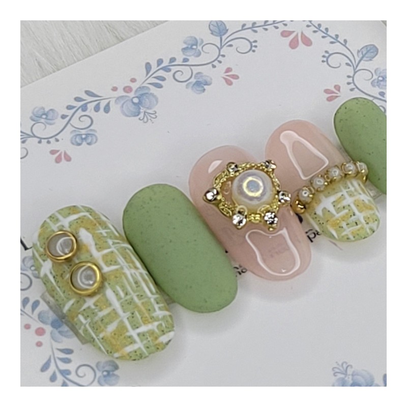 Moss Green Tweed Handmade Nail Tips - Coffin Egg /