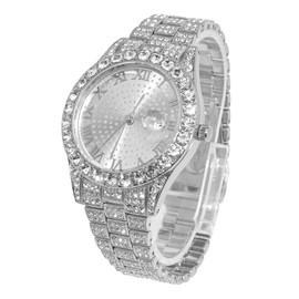 Halukakah Round Dial Diamond Gold Watch Iced Out, Men's 18k Real Gold/Platinum White Gold Plated Quartz Bracelet 24 cm, with Cuban Chain Necklace Bracelet Set Options, with Gift Box, Platinum Plated