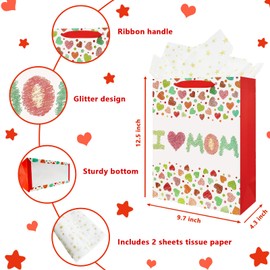 OFIHANLY Medium Size I Love Mom Birthday Gift Bag with Handles for Mother's Day,Gift Bags for New Mom Heart Design Paper Bag with Tissue Paper,12.5x9.7x4.3 Inch,1Pcs