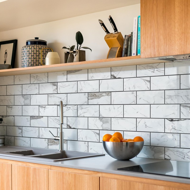 STICKGOO Subway Tile Peel and Stick Backsplash, Glossy White Marble