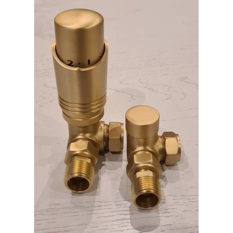 Team Controls Brushed Brass Corner Thermostatic Radiator Valves & Lockshield