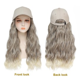 AliRobam Synthetic Wig Hat with Natural Wave hair Extensions attached for woman Baseball cap wig ombre Blonde curly wavy Hairstyle Adjustable Hat Wig (TA/B, 22inch)