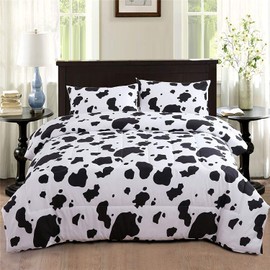 PERFEMET 3Pcs Cow Print Comforter Set Full Size Black White Cartoon Cute Geometric Bedding Set Soft Reversible Plaid Grid Bed Quilted Set for Kids Teens Boys Girls