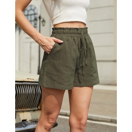 NILOINE Ladies Summer Casual High Waisted Shorts Wide Leg Ruffle Elastic Waist Adjustable Drawstring Shorts Linen Short Pants with Pockets(1-Army Green,Large)