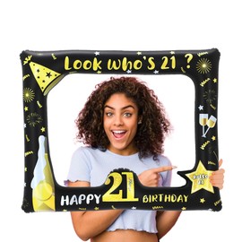 21st Black Gold Photo Booth Inflatable Selfie Frame,21st Birthday Party Photo Booth Props Giant Funny Black Gold Blow Up Picture Frame for 21st Men Women Birthday Gifts Party Favor Decoration Supplies
