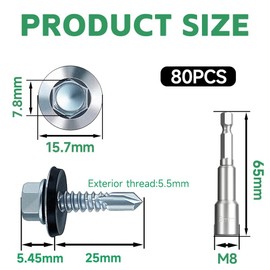 5.5x25 mm Self-Drilling Roofing Screws, 80 pcs Hex Head Self Tapping Screws, Hex Head Self-Drilling Roof Screws with Rubber Sealing Washer. with Hex Socket, Zinc Plat.