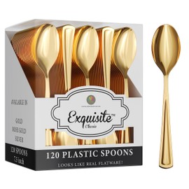 120 Pack Gold Plastic Spoons Heavy Duty - Gold Disposable Silverware - Gold Plastic Silverware - Gold Spoons Disposable - Plastic Silverware Heavy Duty For Catering, Party, Weddings & More Exquisite