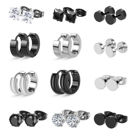 Wodasi 12 Pairs Men's Earrings, Black Silver, Men's Stainless Steel Earrings, Stainless Steel Ear Clips, Enamel Earrings, Piercing, Ear, Bezel, Round, Cool Stud Earrings, Tunnel Piercing for Men,
