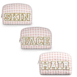 AVENEWU 3pc Checker Makeup Cosmetic Bag Preppy Patch Travel Pouch for Women Chenille Letter Patch Small Portable Cosmetic Bag (Pink & White) (Bag Without Handle)