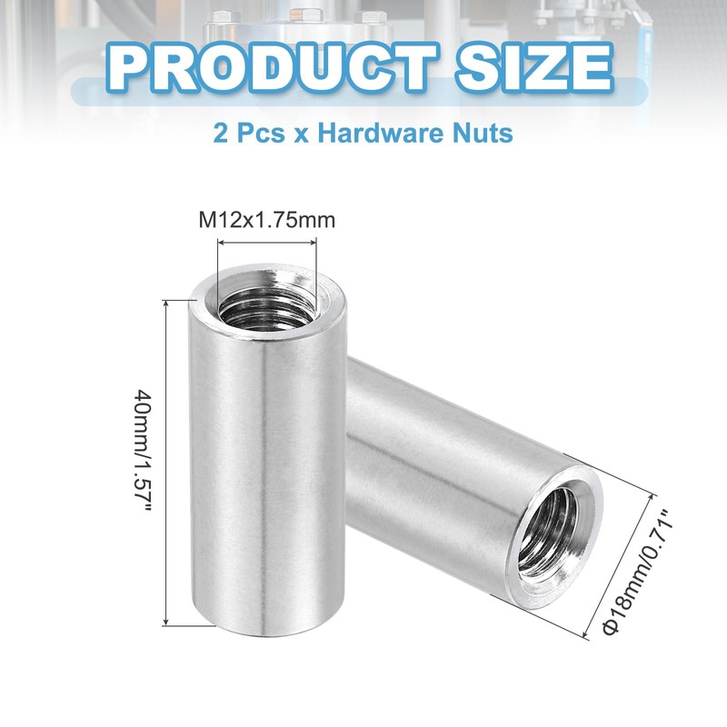 sourcing map 2Pcs M12x1.75x40mm Round Coupling Nuts, Stainless Steel Connector