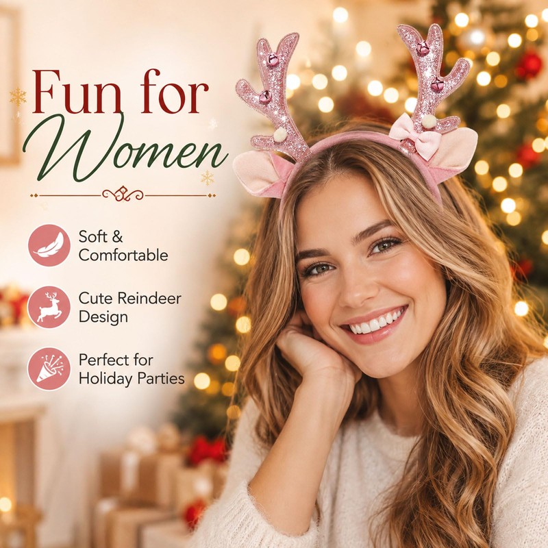 Pink Reindeer Antler Headband Glitter Bow Elk Bells Hair Hoop