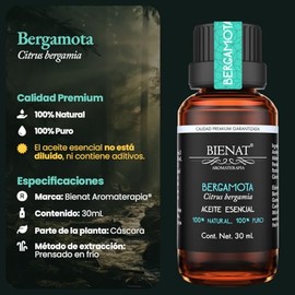BIENAT AROMATERAPIA Aceite Esencial de Bergamota 30mL | 100% Puro y Concentrado | Ideal para Difusor de Aromas, Humidificador, Aromaterapia, Masajes, Meditación, Jabones y Velas | Esencia Natural en Gotas