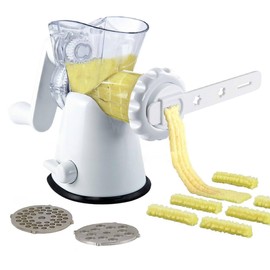 Tredoni Manual Meat Mincer Grinder & Vegetable Shredder, Biscuit Press Machine Cookie Maker + Churros/Biscuits Patterns Attachment, White