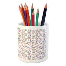 Ambesonne Easter Pencil Pen Holder, Cheerful Pattern with Funny Bunny and Chicken Characters Flowers Butterflies, Ceramic Pencil Holder for Desk Office Accessory, 3.6" X 3.2", Multicolor
