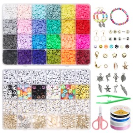 7048 Pcs Clay Beads Bracelet Making Kit with Letter & Smiley Face Beads and Pendant Charms 24 Colors Flat Round Polymer Clay Beads for Necklace Earring Jewelry DIY Craft