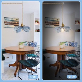 Auwieou Plug in Pendant Light, Vintage Hanging Light with Plug in Cord On/Off Switch Brushed Brass Pendant Light fixtures with Blue Glass Shade 1-Light Hanging Light for Kitchen Dining Room Bedroom