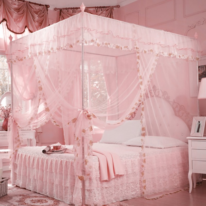 Luxury Princess 3 Side Openings Post Bed Curtain Canopy Netting