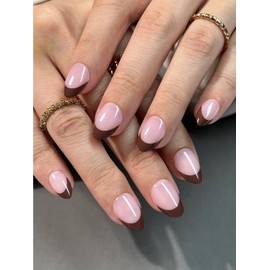 Hrnsnails Brown French Tip Press On Nails - Almond Press On Nails, Glue On Nails Short Fake Nails with Glossy Designs, Acrylic Nails Press On Gel False Nails,Artificial Nails Stick On Nails for Women