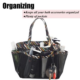 WEHUSE Portable Shower Caddy for College Dorm, Large Black Mesh Shower Bag with Hook, 7 Pocket Bathroom Tote Shower Basket for Camping Gym