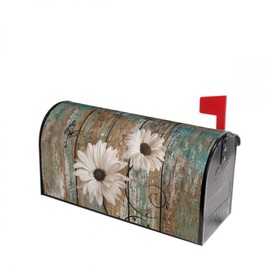 Evlaschin Rustic Daisy Board Mailbox Cover Magnetic, White Sunflowers Vintage Wood Grain Plank Mailbox Wrap Letter Post Box Cover for Yard Garden Outside Home Decor, Large Size 25.5x21 Inch