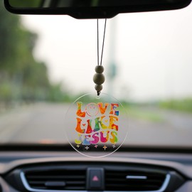 Talataca Christian 2D Flat Car Ornament & Wood Beads, Love Like Jesus, Bible Verse Beaded Rear View Mirror Accessories, Rearview Hanging Charm, Christmas Tree Decor, Religious Gift