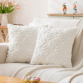 SINYASAN Set of 2 White Easter Egg Faux Fur Throw Pillow Covers 18x18 inches Velvet Spring Pillow Covers for Couch Bedroom Decorations Fluffy Floral Pillowcases for Farmhouse