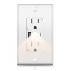USB Outlet with Night Light Fast Charge - 4.8A USB Electrical Outlet, 15 Amp Receptacle Outlet with Type C Port Tamper Resistant Receptacle Wall Plate for Kitchen Bathroom (1-Pack)