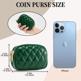 QIUTIMIY Women Leather Small Purse Pouch Cash Mini Coin Wallet Double Zipper Pocket with Keychain(Quilted Green)