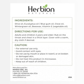 Herbion Naturals Chest Rub With Eucalyptus Clove Wintergreen Blue Gum And Olive Oil Clears Nasal Passages Relieves Congestion Soothes Muscle Joint