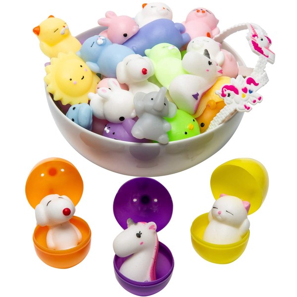 Mochi Squishy Toys Animal Squishies - 3 Surprise Eggs Mini Kawaii Cat Squeeze 16pcs Stress Relief Toys Squishys Unicorn Wristband Party Favors for Kids Toys for Claw Game Pinata Filler Machine Refill