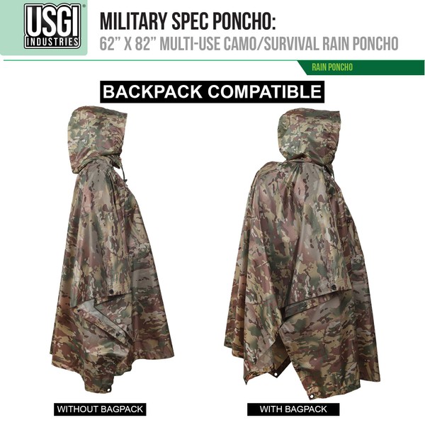 USGI Industries Military Style Poncho | Lightweight Tactical Multi Use Rip Stop Camouflage Rain Poncho | Perfect for Hiking, Hunting, Emergency Tent, Survival (OCP)