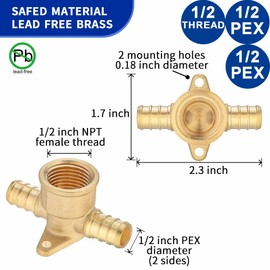 (10 Pack) Lidertik 1/2 Drop Ear Tee Pex Adapter, 1/2" PEX B F1807 to 1/2" PEX B F1807 to 1/2" NPT Female Threaded Adapter Brass LI-APXDET12 (10 Pieces)