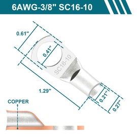 Battery Cable, 6 AWG Battery Cables with Terminals, 2PCS Copper Battery Cables with 3/8 ring terminals(2FT).