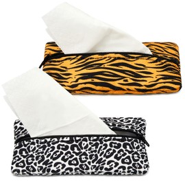 Kigeli 2 Pieces Purse Tissue Holder Travel Tissue Pouch for Purse Fabric Zipper Enclosed Pouches Reusable Flower Pattern Paper Holder for Coins, 5.25 x 3 Inches(Leopard Print, Gold Zebra)