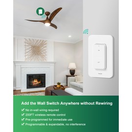 TREEWELL Wireless Light Switch and Receiver Kit, 200FT RF Range Remote Control Light Switch, No Rewiring, No Interference, Wireless Wall Switch for Ceiling Light, Fans, Lamps, Pre-Programmed