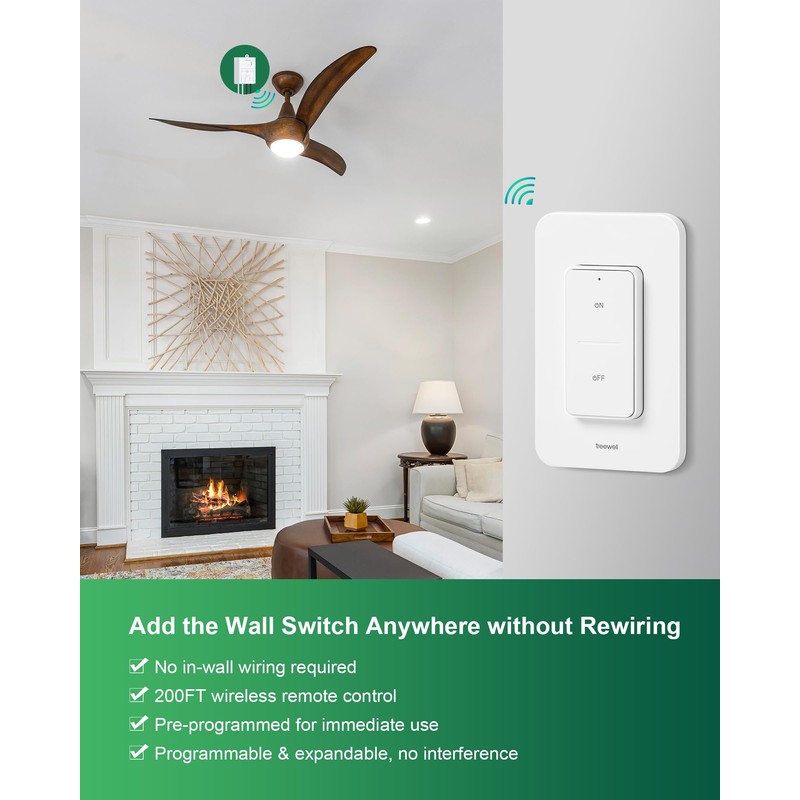 TREEWELL Wireless Light Switch and Receiver Kit, 200FT RF Range