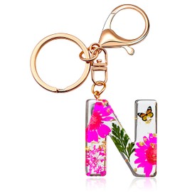 Initial Letter Butterfly Flower Pink Keychain Birthday gifts for Women Girl Backpack Wallet Car Key Cute Bling Keychain